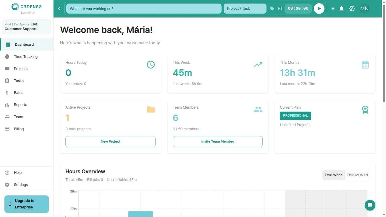 Cadensa dashboard showing your workspace overview